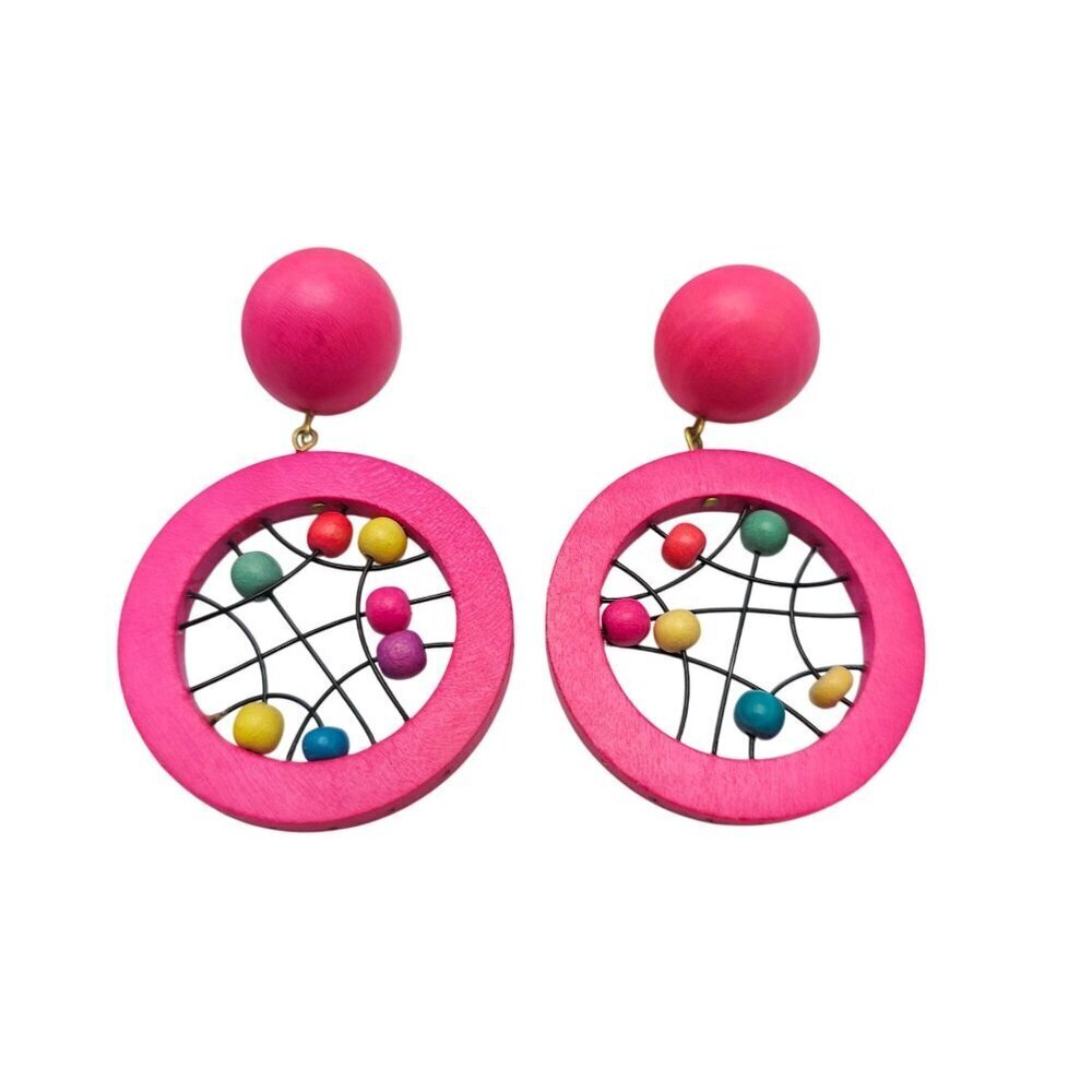 Vintage 1980s Pink Wooden Hoop Earrings With Multicolored Beaded Wire Design